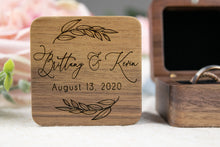 Load image into Gallery viewer, Personalized First Name Ring Box with Wedding Date and Leaf Branch Detail - Double Slotted Walnut Ring Box