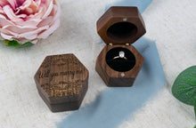 Load image into Gallery viewer, Leafy Pattern "Will You Marry Me?" Proposal Ring Box - Single Slotted Walnut Engagement Ring Box