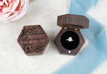 Load image into Gallery viewer, Peony "Will You Marry Me?" Proposal Engagement Ring Box, Walnut Single Slotted Ring Box