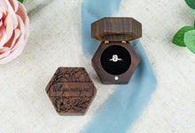 Load image into Gallery viewer, Peony "Will You Marry Me?" Proposal Engagement Ring Box, Walnut Single Slotted Ring Box