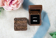 Load image into Gallery viewer, Personalized Floral Wedding Ring Box, Double Slotted Walnut Ring Box with First Names and Date