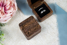 Load image into Gallery viewer, Personalized Floral Wedding Ring Box, Double Slotted Walnut Ring Box with First Names and Date