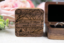 Load image into Gallery viewer, Personalized Floral Wedding Ring Box, Double Slotted Walnut Ring Box with First Names and Date