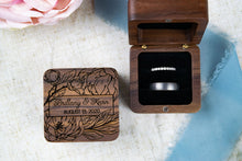 Load image into Gallery viewer, Personalized Floral Wedding Ring Box, Double Slotted Walnut Ring Box with First Names and Date