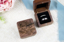 Load image into Gallery viewer, Personalized First Name Wedding Ring Box with Floral Frame Detail, Walnut Double Slotted Ring Box