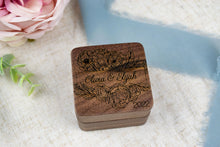 Load image into Gallery viewer, Personalized First Name Wedding Ring Box with Floral Frame Detail, Walnut Double Slotted Ring Box