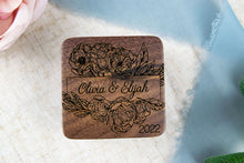 Load image into Gallery viewer, Personalized First Name Wedding Ring Box with Floral Frame Detail, Walnut Double Slotted Ring Box