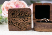 Load image into Gallery viewer, Personalized First Name Wedding Ring Box with Floral Frame Detail, Walnut Double Slotted Ring Box