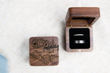 Load image into Gallery viewer, Personalized First Name Wedding Ring Box with Floral Frame Detail, Walnut Double Slotted Ring Box
