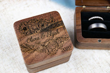 Load image into Gallery viewer, Personalized First Name Wedding Ring Box with Floral Frame Detail, Walnut Double Slotted Ring Box