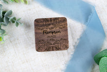 Load image into Gallery viewer, Leaf Pattern Last Name and Wedding Date Wedding Ring Box - Double Slotted Walnut Wedding Ring Box