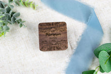 Load image into Gallery viewer, Leaf Pattern Last Name and Wedding Date Wedding Ring Box - Double Slotted Walnut Wedding Ring Box