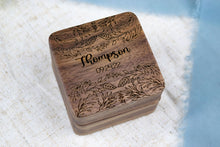 Load image into Gallery viewer, Leaf Pattern Last Name and Wedding Date Wedding Ring Box - Double Slotted Walnut Wedding Ring Box