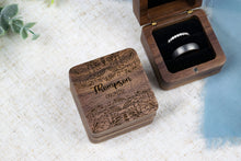Load image into Gallery viewer, Leaf Pattern Last Name and Wedding Date Wedding Ring Box - Double Slotted Walnut Wedding Ring Box