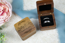 Load image into Gallery viewer, Personalized First Name Ring Box with Wedding Date and Leaf Branch Detail - Double Slotted Walnut Ring Box