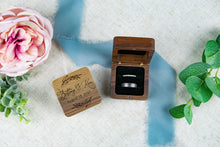 Load image into Gallery viewer, Personalized First Name Ring Box with Wedding Date and Leaf Branch Detail - Double Slotted Walnut Ring Box