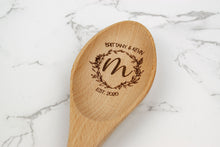 Load image into Gallery viewer, Personalized First Names and Monogram Wooden Spoon, Floral Wreath Wood Spoon Gift