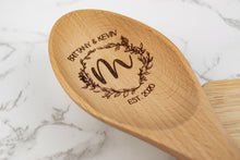 Load image into Gallery viewer, Personalized First Names and Monogram Wooden Spoon, Floral Wreath Wood Spoon Gift