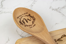 Load image into Gallery viewer, Personalized First Names and Monogram Wooden Spoon, Floral Wreath Wood Spoon Gift