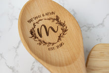 Load image into Gallery viewer, Personalized First Names and Monogram Wooden Spoon, Floral Wreath Wood Spoon Gift