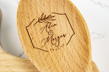 Load image into Gallery viewer, Personalized Palm Frond Wooden Spoon with First Names and Wedding Date, Custom Wedding Gift