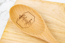 Load image into Gallery viewer, Personalized Palm Frond Wooden Spoon with First Names and Wedding Date, Custom Wedding Gift