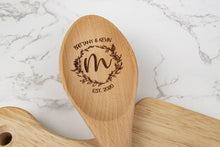 Load image into Gallery viewer, Personalized First Names and Monogram Wooden Spoon, Floral Wreath Wood Spoon Gift
