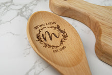 Load image into Gallery viewer, Personalized First Names and Monogram Wooden Spoon, Floral Wreath Wood Spoon Gift