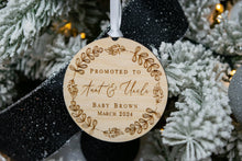 Load image into Gallery viewer, Wooden Personalized Promoted to Aunt and Uncle Ornament with Whimsical Wreath
