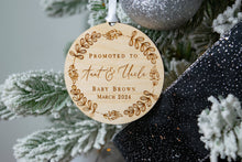Load image into Gallery viewer, Wooden Personalized Promoted to Aunt and Uncle Ornament with Whimsical Wreath