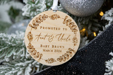 Load image into Gallery viewer, Wooden Personalized Promoted to Aunt and Uncle Ornament with Whimsical Wreath