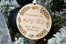 Load image into Gallery viewer, Wooden Personalized Promoted to Aunt and Uncle Ornament with Whimsical Wreath