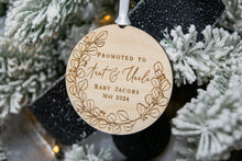 Load image into Gallery viewer, Wooden Personalized Promoted to Aunt and Uncle Ornament - Eucalyptus Wreath Design