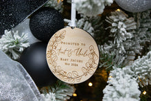 Load image into Gallery viewer, Wooden Personalized Promoted to Aunt and Uncle Ornament - Eucalyptus Wreath Design