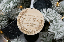 Load image into Gallery viewer, Wooden Personalized Promoted to Aunt and Uncle Ornament - Eucalyptus Wreath Design