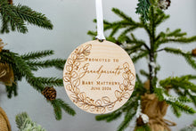 Load image into Gallery viewer, Wooden Promoted to Grandparents Personalized Eucalyptus Wreath Ornament - Pregnancy Announcement for Parents