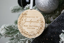 Load image into Gallery viewer, Wooden Promoted to Grandparents Personalized Eucalyptus Wreath Ornament - Pregnancy Announcement for Parents