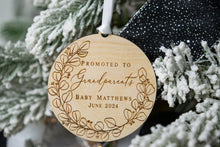 Load image into Gallery viewer, Wooden Promoted to Grandparents Personalized Eucalyptus Wreath Ornament - Pregnancy Announcement for Parents
