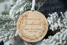 Load image into Gallery viewer, Wooden Promoted to Grandparents Personalized Eucalyptus Wreath Ornament - Pregnancy Announcement for Parents
