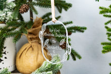 Load image into Gallery viewer, Acrylic Our First Christmas Engaged Ornament with Names and Year - Leaf and Twig Shape