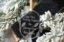 Load image into Gallery viewer, Acrylic Our First Christmas Engaged Ornament with Names and Year - Leaf and Twig Shape