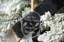 Load image into Gallery viewer, Acrylic Our First Christmas Engaged Ornament with Names and Year - Leaf and Twig Shape