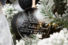 Load image into Gallery viewer, First Christmas Married Ornament with Names and Year - Eucalyptus Ornament