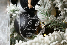 Load image into Gallery viewer, Acrylic Newlywed Christmas Ornament - Married with Names and Date Leaf and Twig Shaped