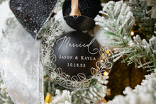 Load image into Gallery viewer, Acrylic Married Ornament with Names, Date, and Eucalyptus Wreath