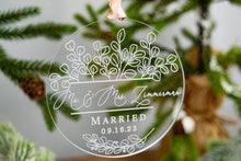 Load image into Gallery viewer, Acrylic Mr and Mrs Last Name Married Ornament with Eucalyptus Frame