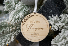 Load image into Gallery viewer, Wooden Mr and Mrs Ornament Last Name Married Christmas Ornament - Elegant Wreath Design