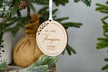 Load image into Gallery viewer, Wooden Mr and Mrs Ornament Last Name Married Christmas Ornament - Elegant Wreath Design