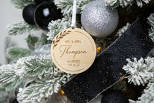 Load image into Gallery viewer, Wooden Mr and Mrs Ornament Last Name Married Christmas Ornament - Elegant Wreath Design