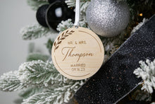 Load image into Gallery viewer, Wooden Mr and Mrs Ornament Last Name Married Christmas Ornament - Elegant Wreath Design